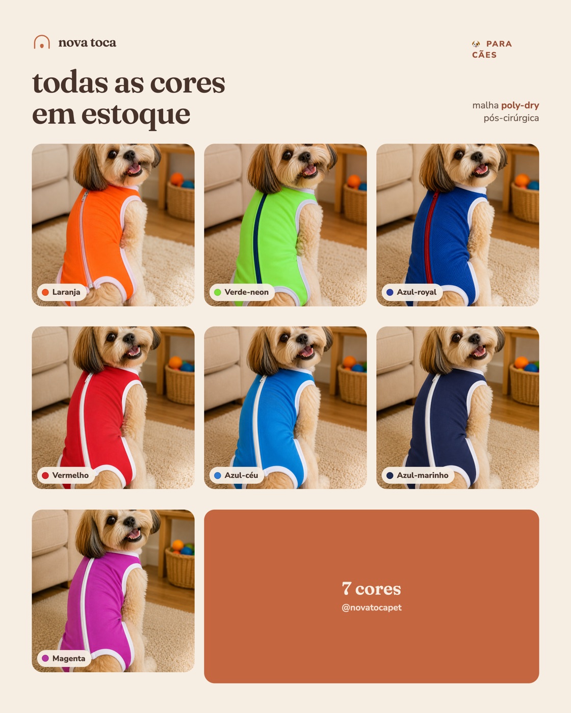 As 7 cores da roupinha pós-cirúrgica Nova Toca vestidas por um cão: laranja, verde-neon, azul-royal, vermelho, azul-céu, azul-marinho e magenta.