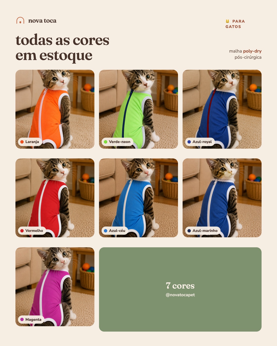 As 7 cores da roupinha pós-cirúrgica Nova Toca vestidas por um gato: laranja, verde-neon, azul-royal, vermelho, azul-céu, azul-marinho e magenta.