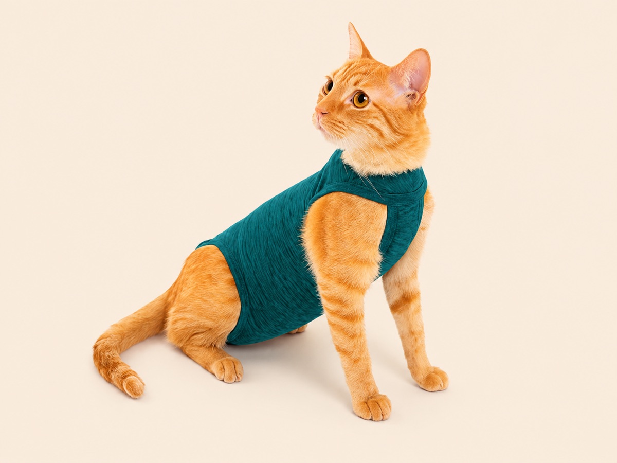 Gato laranja sentado, usando a roupinha pós-cirúrgica da Nova Toca