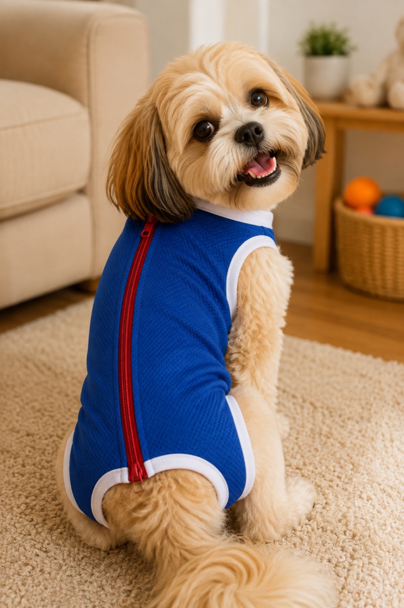 Cão usando a roupinha pós-cirúrgica azul-royal da Nova Toca, com zíper vermelho